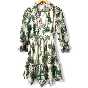 Tropical‎ Open Back Ruffled V-Neck Dress S Romantic Coquette Poet Sleeves
